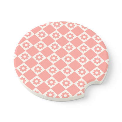 Pink Daisy Checkered Car Coasters