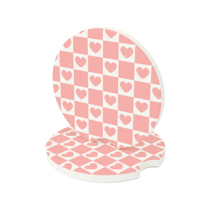 Pink Heart Checkered Car Coasters