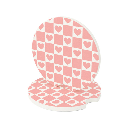 Pink Heart Checkered Car Coasters