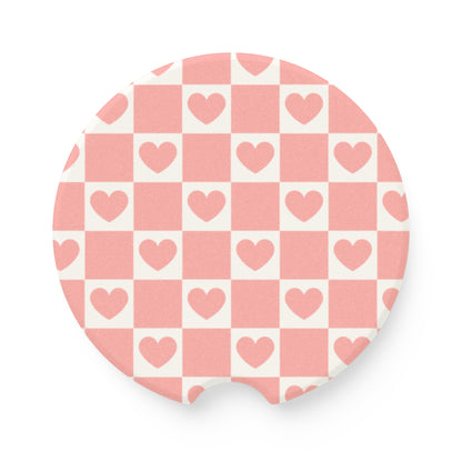 Pink Heart Checkered Car Coasters