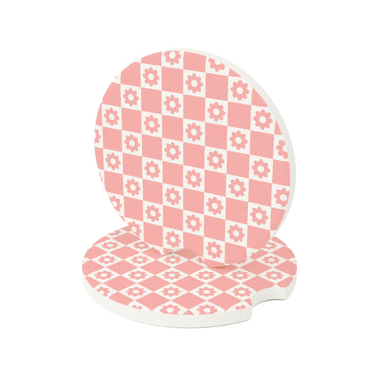 Pink Daisy Checkered Car Coasters