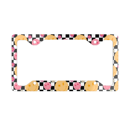 Retro Checkered Smiley Face Metal License Plate Frame