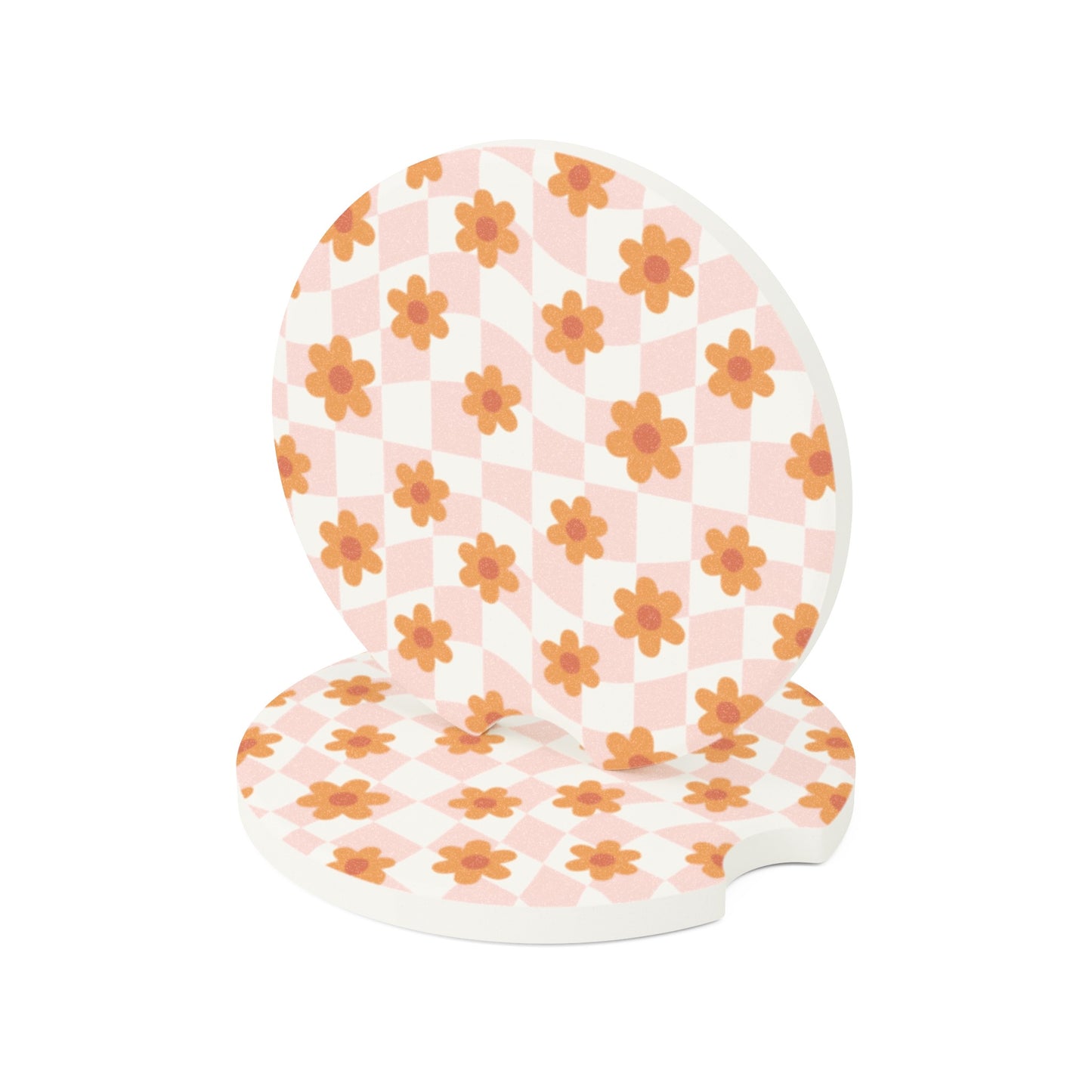 Groovy Checkered Daisy Car Coasters