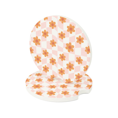 Groovy Checkered Daisy Car Coasters