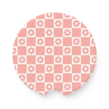 Pink Daisy Checkered Car Coasters