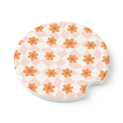 Groovy Checkered Daisy Car Coasters