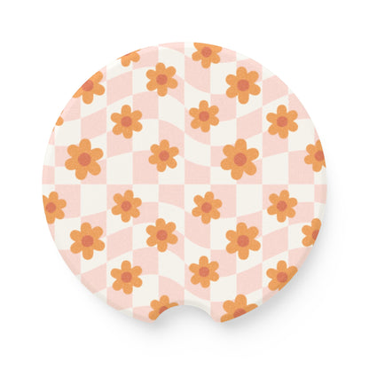 Groovy Checkered Daisy Car Coasters